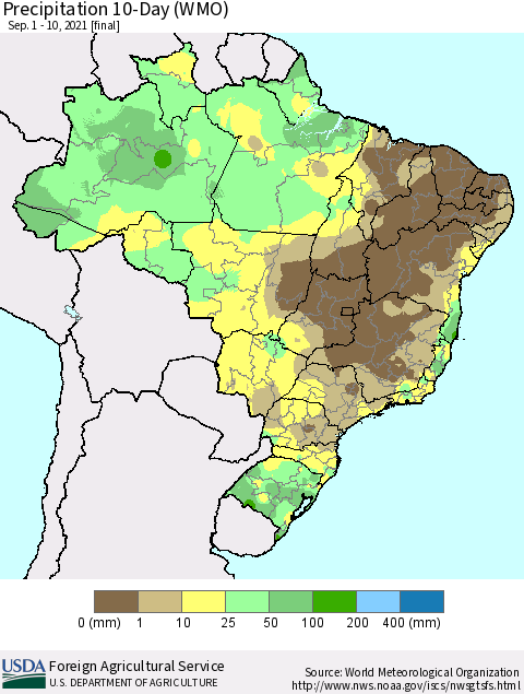 Brazil Precipitation 10-Day (WMO) Thematic Map For 9/1/2021 - 9/10/2021