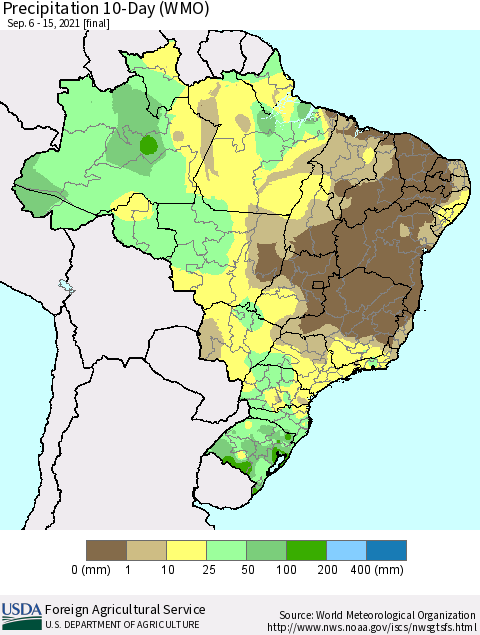 Brazil Precipitation 10-Day (WMO) Thematic Map For 9/6/2021 - 9/15/2021