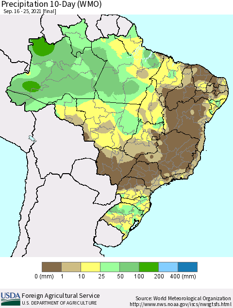 Brazil Precipitation 10-Day (WMO) Thematic Map For 9/16/2021 - 9/25/2021