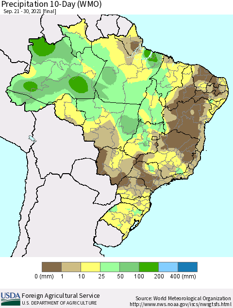 Brazil Precipitation 10-Day (WMO) Thematic Map For 9/21/2021 - 9/30/2021