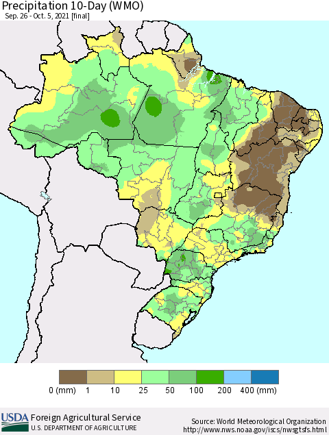 Brazil Precipitation 10-Day (WMO) Thematic Map For 9/26/2021 - 10/5/2021
