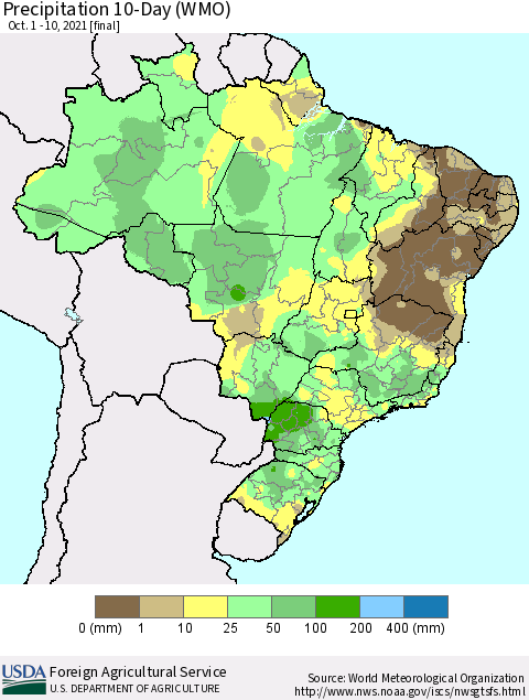 Brazil Precipitation 10-Day (WMO) Thematic Map For 10/1/2021 - 10/10/2021