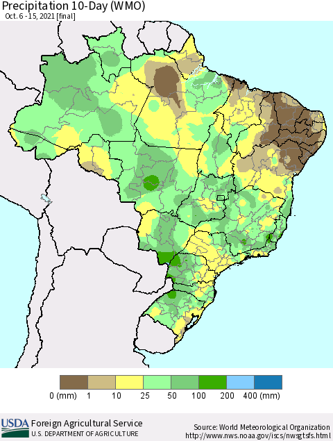Brazil Precipitation 10-Day (WMO) Thematic Map For 10/6/2021 - 10/15/2021
