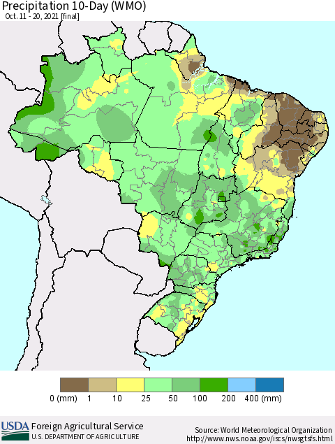 Brazil Precipitation 10-Day (WMO) Thematic Map For 10/11/2021 - 10/20/2021