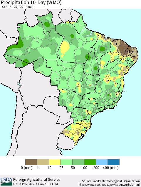 Brazil Precipitation 10-Day (WMO) Thematic Map For 10/16/2021 - 10/25/2021