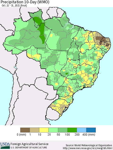 Brazil Precipitation 10-Day (WMO) Thematic Map For 10/21/2021 - 10/31/2021