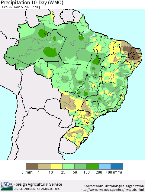 Brazil Precipitation 10-Day (WMO) Thematic Map For 10/26/2021 - 11/5/2021