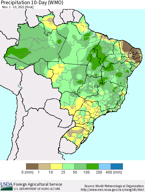 Brazil Precipitation 10-Day (WMO) Thematic Map For 11/1/2021 - 11/10/2021
