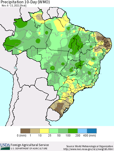Brazil Precipitation 10-Day (WMO) Thematic Map For 11/6/2021 - 11/15/2021
