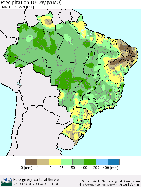 Brazil Precipitation 10-Day (WMO) Thematic Map For 11/11/2021 - 11/20/2021