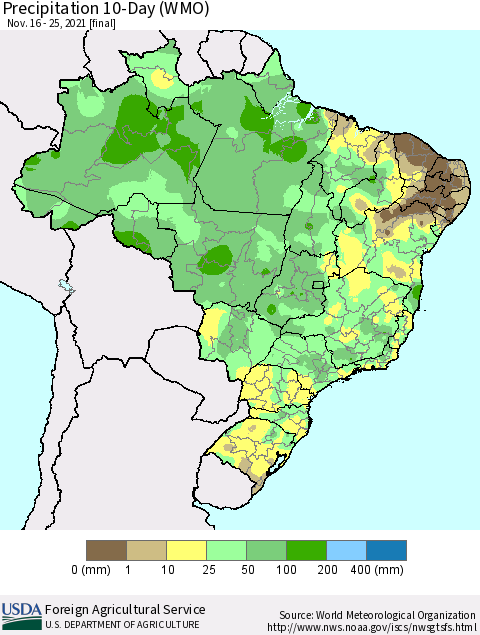 Brazil Precipitation 10-Day (WMO) Thematic Map For 11/16/2021 - 11/25/2021