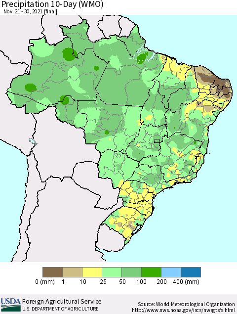 Brazil Precipitation 10-Day (WMO) Thematic Map For 11/21/2021 - 11/30/2021