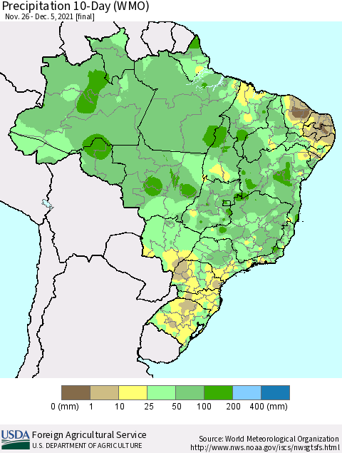 Brazil Precipitation 10-Day (WMO) Thematic Map For 11/26/2021 - 12/5/2021