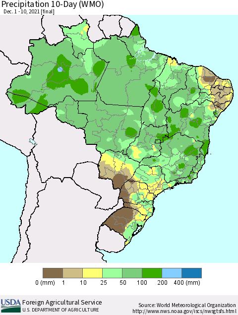 Brazil Precipitation 10-Day (WMO) Thematic Map For 12/1/2021 - 12/10/2021