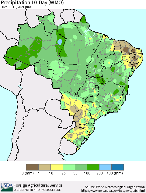 Brazil Precipitation 10-Day (WMO) Thematic Map For 12/6/2021 - 12/15/2021