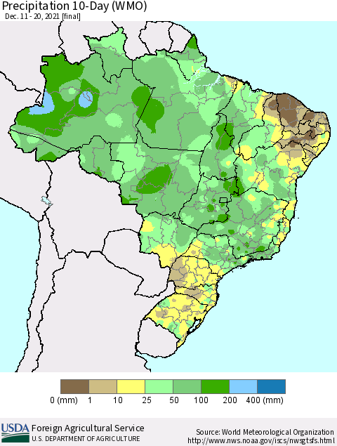 Brazil Precipitation 10-Day (WMO) Thematic Map For 12/11/2021 - 12/20/2021