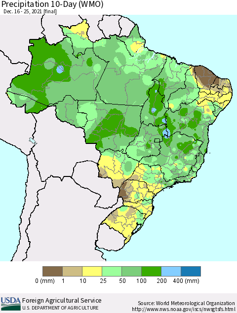 Brazil Precipitation 10-Day (WMO) Thematic Map For 12/16/2021 - 12/25/2021