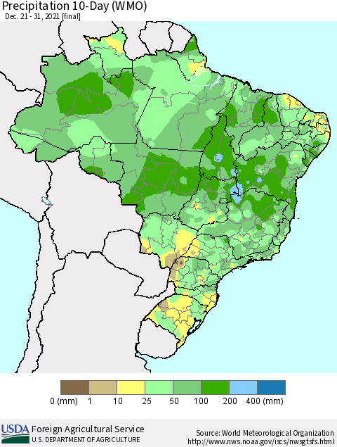 Brazil Precipitation 10-Day (WMO) Thematic Map For 12/21/2021 - 12/31/2021