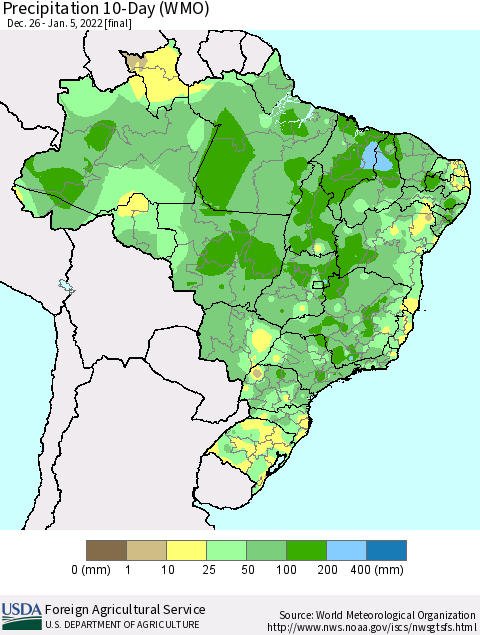 Brazil Precipitation 10-Day (WMO) Thematic Map For 12/26/2021 - 1/5/2022