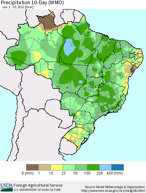Brazil Precipitation 10-Day (WMO) Thematic Map For 1/1/2022 - 1/10/2022