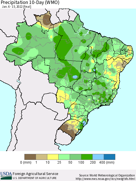 Brazil Precipitation 10-Day (WMO) Thematic Map For 1/6/2022 - 1/15/2022