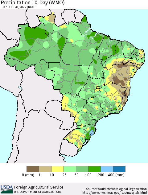 Brazil Precipitation 10-Day (WMO) Thematic Map For 1/11/2022 - 1/20/2022