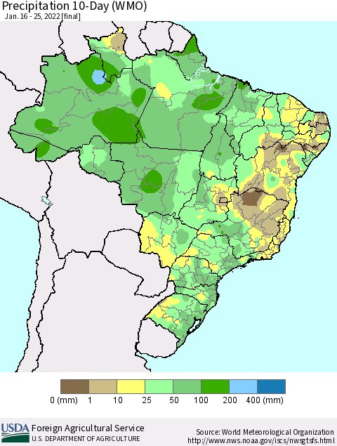Brazil Precipitation 10-Day (WMO) Thematic Map For 1/16/2022 - 1/25/2022