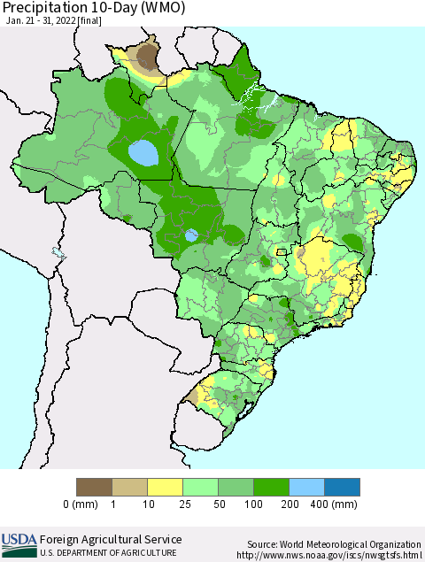 Brazil Precipitation 10-Day (WMO) Thematic Map For 1/21/2022 - 1/31/2022