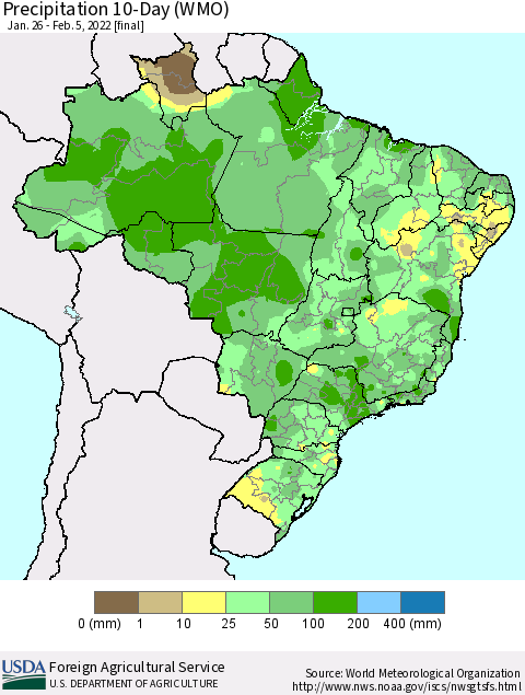 Brazil Precipitation 10-Day (WMO) Thematic Map For 1/26/2022 - 2/5/2022