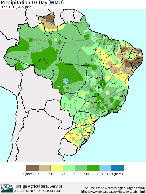 Brazil Precipitation 10-Day (WMO) Thematic Map For 2/1/2022 - 2/10/2022