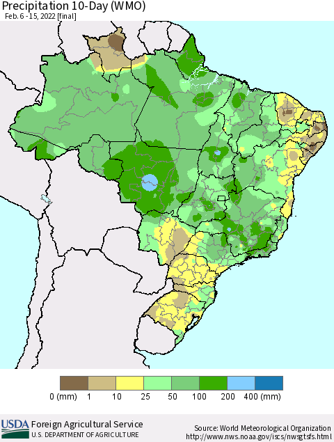 Brazil Precipitation 10-Day (WMO) Thematic Map For 2/6/2022 - 2/15/2022