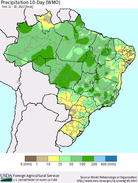 Brazil Precipitation 10-Day (WMO) Thematic Map For 2/11/2022 - 2/20/2022