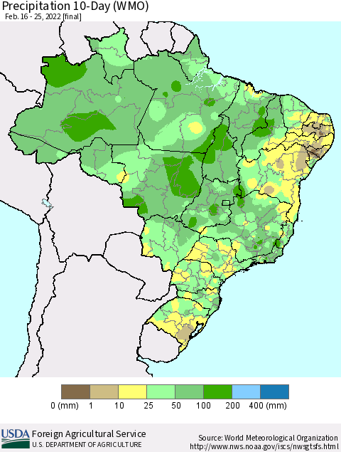 Brazil Precipitation 10-Day (WMO) Thematic Map For 2/16/2022 - 2/25/2022