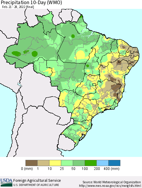 Brazil Precipitation 10-Day (WMO) Thematic Map For 2/21/2022 - 2/28/2022