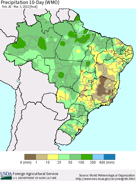 Brazil Precipitation 10-Day (WMO) Thematic Map For 2/26/2022 - 3/5/2022
