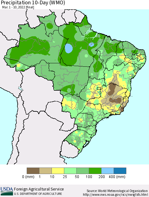 Brazil Precipitation 10-Day (WMO) Thematic Map For 3/1/2022 - 3/10/2022