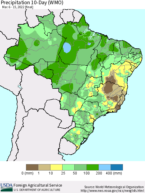 Brazil Precipitation 10-Day (WMO) Thematic Map For 3/6/2022 - 3/15/2022