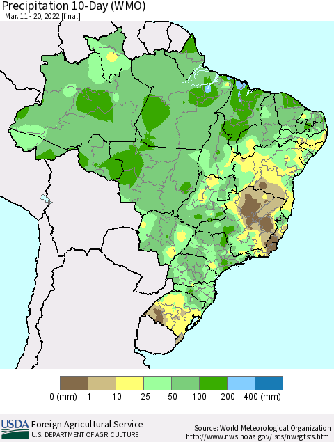 Brazil Precipitation 10-Day (WMO) Thematic Map For 3/11/2022 - 3/20/2022