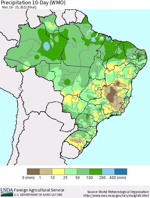 Brazil Precipitation 10-Day (WMO) Thematic Map For 3/16/2022 - 3/25/2022