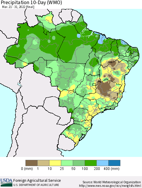 Brazil Precipitation 10-Day (WMO) Thematic Map For 3/21/2022 - 3/31/2022