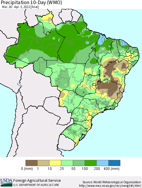 Brazil Precipitation 10-Day (WMO) Thematic Map For 3/26/2022 - 4/5/2022