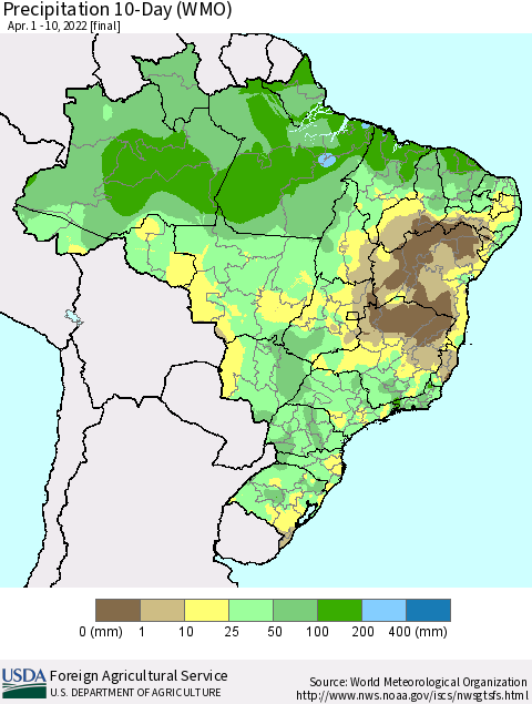 Brazil Precipitation 10-Day (WMO) Thematic Map For 4/1/2022 - 4/10/2022