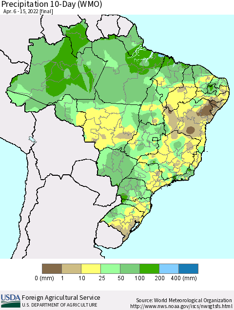 Brazil Precipitation 10-Day (WMO) Thematic Map For 4/6/2022 - 4/15/2022