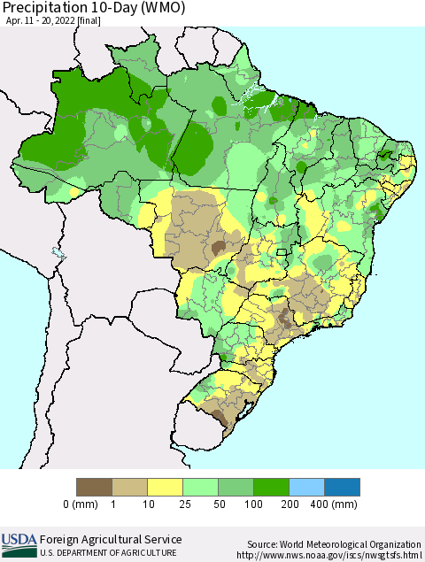 Brazil Precipitation 10-Day (WMO) Thematic Map For 4/11/2022 - 4/20/2022