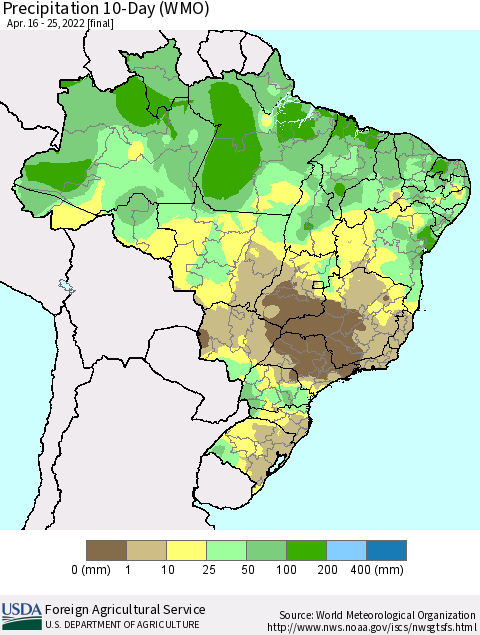 Brazil Precipitation 10-Day (WMO) Thematic Map For 4/16/2022 - 4/25/2022