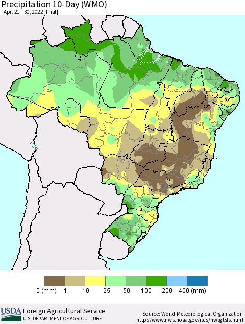 Brazil Precipitation 10-Day (WMO) Thematic Map For 4/21/2022 - 4/30/2022