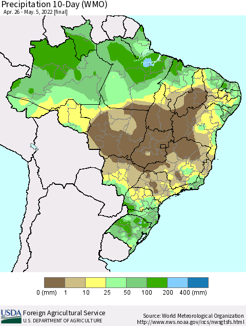Brazil Precipitation 10-Day (WMO) Thematic Map For 4/26/2022 - 5/5/2022