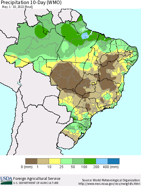 Brazil Precipitation 10-Day (WMO) Thematic Map For 5/1/2022 - 5/10/2022