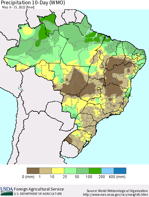 Brazil Precipitation 10-Day (WMO) Thematic Map For 5/6/2022 - 5/15/2022