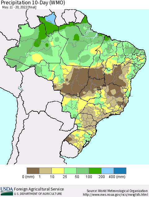 Brazil Precipitation 10-Day (WMO) Thematic Map For 5/11/2022 - 5/20/2022